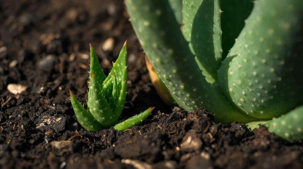 Aloe vera offset pup growing at the base of the parent plant ready for propagation