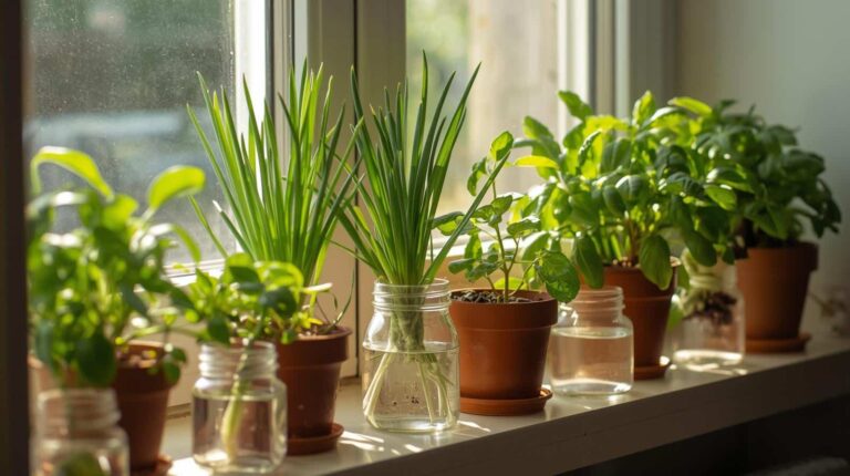 vegetables growing in pots on a windowsill