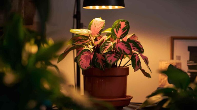 pink princess philodendron in pot under grow lights